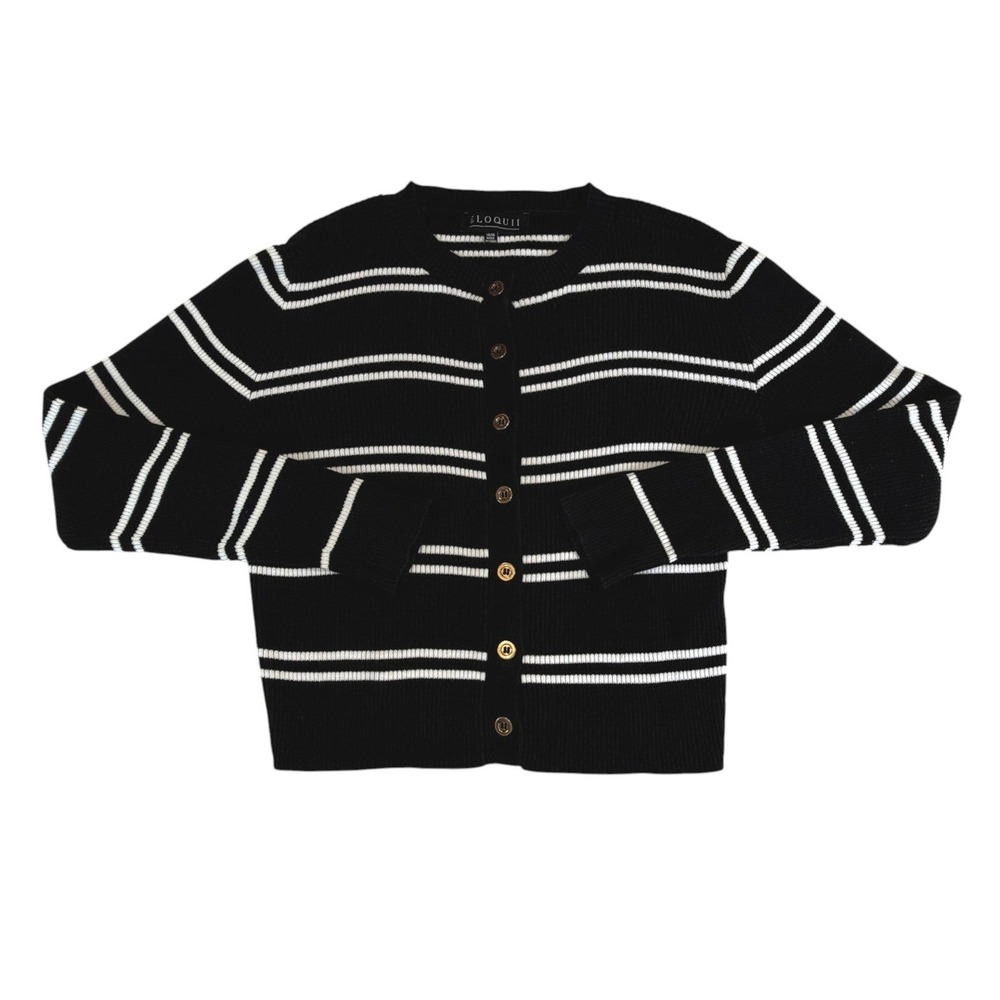 Eloquii Black White Striped Cotton Ribbed Cardigan Sweater Size 14/16 1X